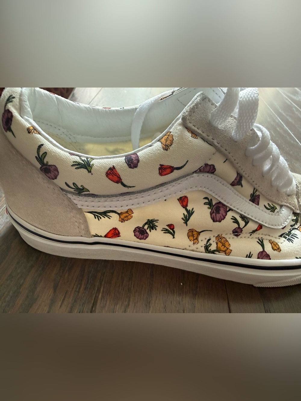 Vans Old Skool Floral Shoes sneakers woman’s size 10.5 cream suede - Picture 7 of 14